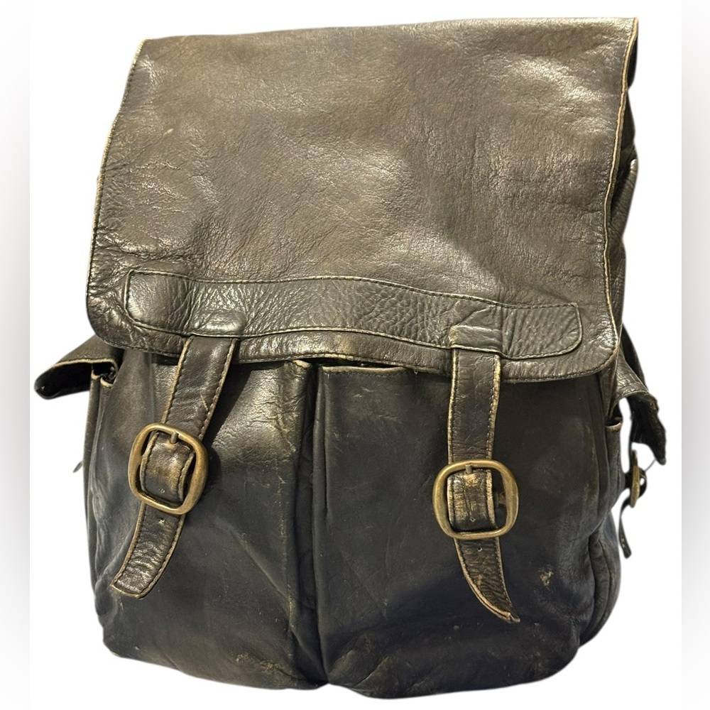 Vintage Leather Backpack Made in Colombia Flap Drawstring Brass Hardware